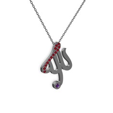 Taşlı Allah Yazılı Kolye - Garnet ve ametist 925 ayar siyah rodyum kaplama gümüş kolye (40 cm gümüş rolo zincir) #1r8neqc