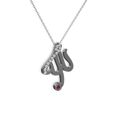 Taşlı Allah Yazılı Kolye - Swarovski ve kök yakut 925 ayar siyah rodyum kaplama gümüş kolye (40 cm beyaz altın rolo zincir) #1raxl2h