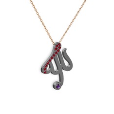 Taşlı Allah Yazılı Kolye - Garnet ve ametist 925 ayar siyah rodyum kaplama gümüş kolye (40 cm rose altın rolo zincir) #1rehqh9