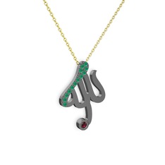 Taşlı Allah Yazılı Kolye - Kök zümrüt ve rodolit garnet 925 ayar siyah rodyum kaplama gümüş kolye (40 cm altın rolo zincir) #1rtqd8a