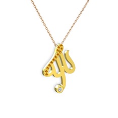 Taşlı Allah Yazılı Kolye - Sitrin ve beyaz zirkon 18 ayar altın kolye (40 cm rose altın rolo zincir) #1rwp5zz