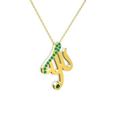 Taşlı Allah Yazılı Kolye - Kök zümrüt ve yeşil kuvars 8 ayar altın kolye (40 cm altın rolo zincir) #1rxckt6