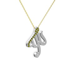 Peridot ve beyaz zirkon 18 ayar beyaz altın kolye (40 cm altın rolo zincir)