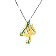 Taşlı Allah Yazılı Kolye - Yeşil kuvars ve kök zümrüt 18 ayar altın kolye (40 cm gümüş rolo zincir) #1s2sro9