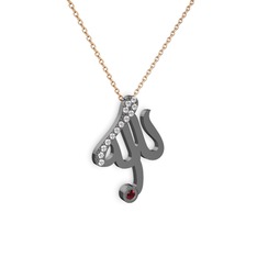 Taşlı Allah Yazılı Kolye - Pırlanta ve garnet 925 ayar siyah rodyum kaplama gümüş kolye (0.143 karat, 40 cm rose altın rolo zincir) #1so2e1c
