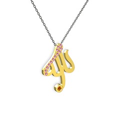 Taşlı Allah Yazılı Kolye - Pembe kuvars ve sitrin 8 ayar altın kolye (40 cm gümüş rolo zincir) #1t5uija