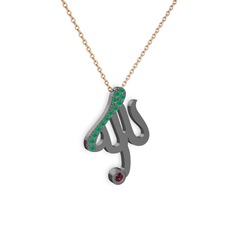 Kök zümrüt ve rodolit garnet 925 ayar siyah rodyum kaplama gümüş kolye (40 cm rose altın rolo zincir)
