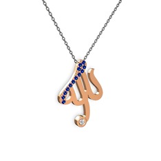 Taşlı Allah Yazılı Kolye - Lab safir ve pırlanta 8 ayar rose altın kolye (0.036 karat, 40 cm gümüş rolo zincir) #1x2c4b4
