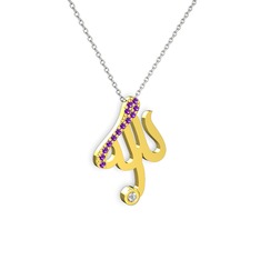 Taşlı Allah Yazılı Kolye - Ametist ve pırlanta 8 ayar altın kolye (0.036 karat, 40 cm gümüş rolo zincir) #1xtdutu