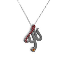 Taşlı Allah Yazılı Kolye - Garnet ve sitrin 925 ayar siyah rodyum kaplama gümüş kolye (40 cm beyaz altın rolo zincir) #1xyg557