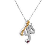 Taşlı Allah Yazılı Kolye - Sitrin ve rodolit garnet 18 ayar beyaz altın kolye (40 cm beyaz altın rolo zincir) #1y1s37f