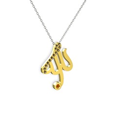 Taşlı Allah Yazılı Kolye - Dumanlı kuvars ve sitrin 8 ayar altın kolye (40 cm beyaz altın rolo zincir) #2f1nyx