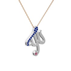 Lab safir ve pembe kuvars 14 ayar beyaz altın kolye (40 cm rose altın rolo zincir)