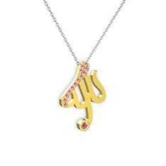 Taşlı Allah Yazılı Kolye - Pembe kuvars 925 ayar altın kaplama gümüş kolye (40 cm beyaz altın rolo zincir) #38ivbd