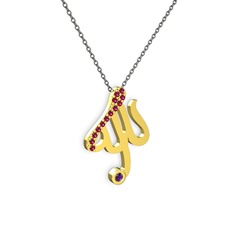 Taşlı Allah Yazılı Kolye - Rodolit garnet ve ametist 8 ayar altın kolye (40 cm gümüş rolo zincir) #4djxej