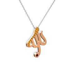 Taşlı Allah Yazılı Kolye - Sitrin ve garnet 8 ayar rose altın kolye (40 cm beyaz altın rolo zincir) #4jntl7