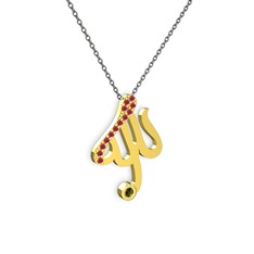 Taşlı Allah Yazılı Kolye - Kök yakut ve peridot 14 ayar altın kolye (40 cm gümüş rolo zincir) #4js2yx