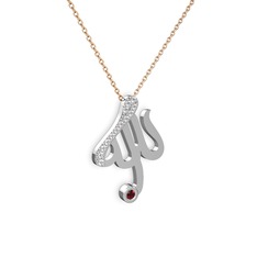 Taşlı Allah Yazılı Kolye - Pırlanta ve garnet 8 ayar beyaz altın kolye (0.143 karat, 40 cm rose altın rolo zincir) #4y26na
