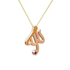 Taşlı Allah Yazılı Kolye - Sitrin ve ametist 18 ayar rose altın kolye (40 cm gümüş rolo zincir) #6fj1r6