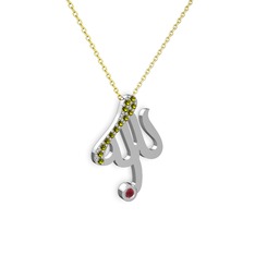Peridot ve kök yakut 925 ayar gümüş kolye (40 cm gümüş rolo zincir)