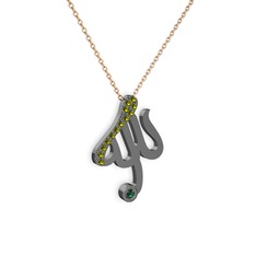 Taşlı Allah Yazılı Kolye - Peridot ve yeşil kuvars 925 ayar siyah rodyum kaplama gümüş kolye (40 cm rose altın rolo zincir) #8bqx98
