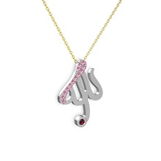 Pembe kuvars ve rodolit garnet 8 ayar beyaz altın kolye (40 cm altın rolo zincir)