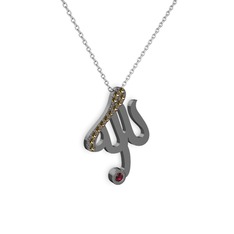 Taşlı Allah Yazılı Kolye - Dumanlı kuvars ve rodolit garnet 925 ayar siyah rodyum kaplama gümüş kolye (40 cm gümüş rolo zincir) #9u5d96