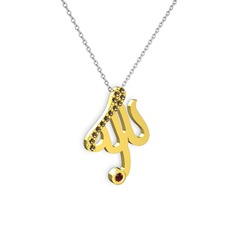 Taşlı Allah Yazılı Kolye - Dumanlı kuvars ve garnet 8 ayar altın kolye (40 cm beyaz altın rolo zincir) #anggy
