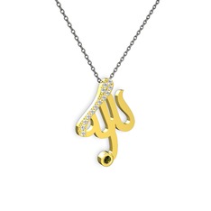 Taşlı Allah Yazılı Kolye - Beyaz zirkon ve peridot 8 ayar altın kolye (40 cm gümüş rolo zincir) #cmb3fs