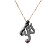 Taşlı Allah Yazılı Kolye - Siyah zirkon ve garnet 925 ayar siyah rodyum kaplama gümüş kolye (40 cm rose altın rolo zincir) #dzaote