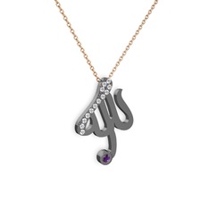 Taşlı Allah Yazılı Kolye - Swarovski ve ametist 925 ayar siyah rodyum kaplama gümüş kolye (40 cm rose altın rolo zincir) #ecqurs