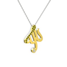 Taşlı Allah Yazılı Kolye - Peridot ve pırlanta 14 ayar altın kolye (0.036 karat, 40 cm gümüş rolo zincir) #g3m5id