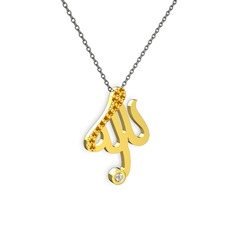 Taşlı Allah Yazılı Kolye - Sitrin ve beyaz zirkon 8 ayar altın kolye (40 cm gümüş rolo zincir) #grwnpt