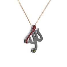 Taşlı Allah Yazılı Kolye - Garnet ve peridot 925 ayar siyah rodyum kaplama gümüş kolye (40 cm gümüş rolo zincir) #h7iuf4