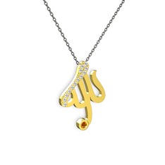 Taşlı Allah Yazılı Kolye - Beyaz zirkon ve sitrin 8 ayar altın kolye (40 cm gümüş rolo zincir) #iauea4