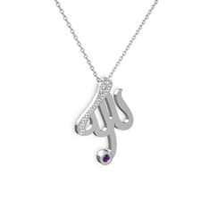 Taşlı Allah Yazılı Kolye - Swarovski ve ametist 8 ayar beyaz altın kolye (40 cm beyaz altın rolo zincir) #ik3ggb