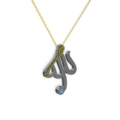 Peridot ve akuamarin 925 ayar siyah rodyum kaplama gümüş kolye (40 cm altın rolo zincir)