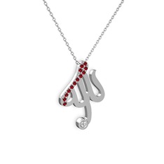 Taşlı Allah Yazılı Kolye - Garnet ve swarovski 14 ayar beyaz altın kolye (40 cm gümüş rolo zincir) #klgbkv