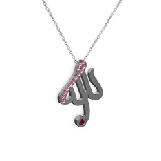 Taşlı Allah Yazılı Kolye - Pembe kuvars ve garnet 925 ayar siyah rodyum kaplama gümüş kolye (40 cm beyaz altın rolo zincir) #lqxune