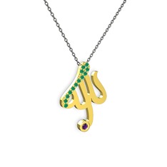 Taşlı Allah Yazılı Kolye - Kök zümrüt ve ametist 18 ayar altın kolye (40 cm gümüş rolo zincir) #lsgh4v