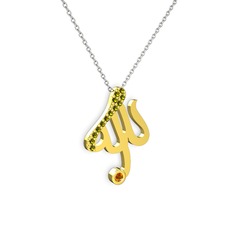 Taşlı Allah Yazılı Kolye - Peridot ve sitrin 14 ayar altın kolye (40 cm beyaz altın rolo zincir) #m22sz4