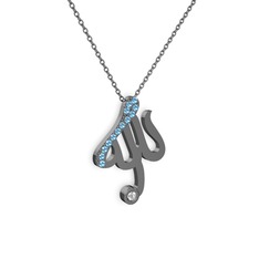 Taşlı Allah Yazılı Kolye - Akuamarin ve swarovski 925 ayar siyah rodyum kaplama gümüş kolye (40 cm gümüş rolo zincir) #m8y8ut