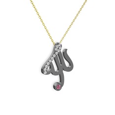 Taşlı Allah Yazılı Kolye - Swarovski ve pembe kuvars 925 ayar siyah rodyum kaplama gümüş kolye (40 cm altın rolo zincir) #nssm9q