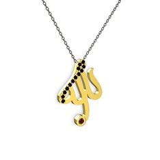 Taşlı Allah Yazılı Kolye - Siyah zirkon ve garnet 18 ayar altın kolye (40 cm gümüş rolo zincir) #offsr9