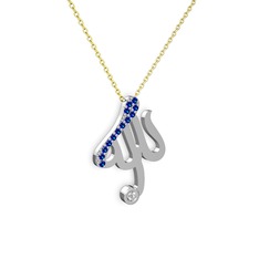 Taşlı Allah Yazılı Kolye - Lab safir ve pırlanta 8 ayar beyaz altın kolye (0.036 karat, 40 cm altın rolo zincir) #p615my