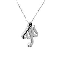 Taşlı Allah Yazılı Kolye - Siyah zirkon ve swarovski 8 ayar beyaz altın kolye (40 cm beyaz altın rolo zincir) #r745h6