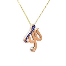 Taşlı Allah Yazılı Kolye - Lab safir ve swarovski 8 ayar rose altın kolye (40 cm gümüş rolo zincir) #r7by6o