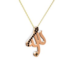 Taşlı Allah Yazılı Kolye - Siyah zirkon ve dumanlı kuvars 8 ayar rose altın kolye (40 cm altın rolo zincir) #r92ggd
