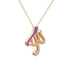 Ametist ve pırlanta 925 ayar rose altın kaplama gümüş kolye (0.036 karat, 40 cm gümüş rolo zincir)