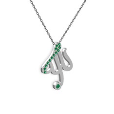 Taşlı Allah Yazılı Kolye - Yeşil kuvars ve kök zümrüt 8 ayar beyaz altın kolye (40 cm gümüş rolo zincir) #rypx1z